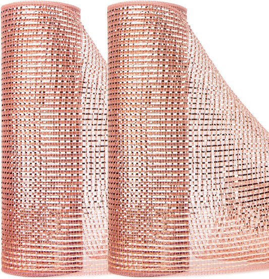 Ribbli 2 Rolls Rose Gold Mesh Ribbon,10 inch x 30 feet(10Yard) Each Roll,Metallic Rose Gold with Wide Foil,Valentine's Day Ribbon for Wreath Swags and Decorating