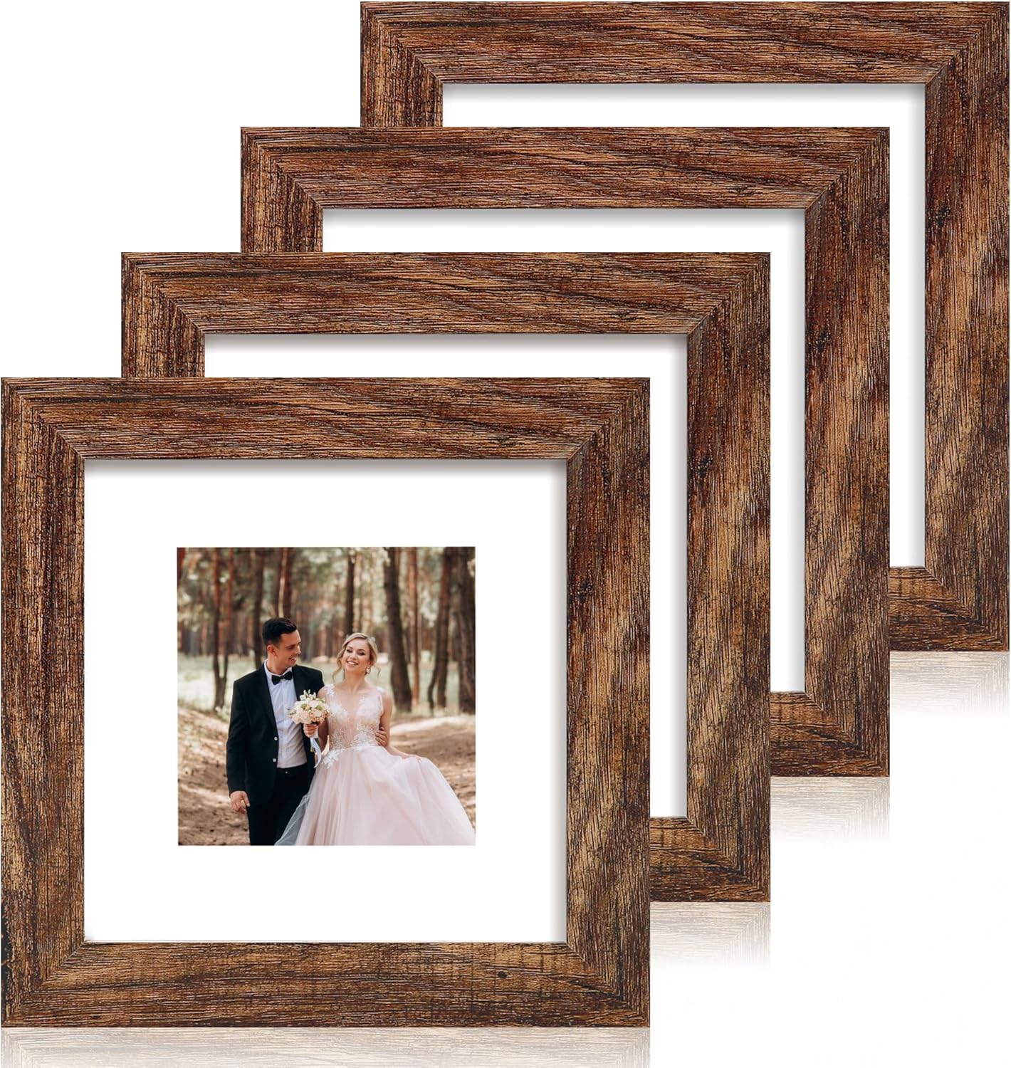 6x6 Picture Frame Set of 4 with Real Glass, Rustic Frames Display 4x4 Picture with Mat or 6 x 6 Without Mat, Wood Square Photo Frame for Wall Mount and Tabletop Display