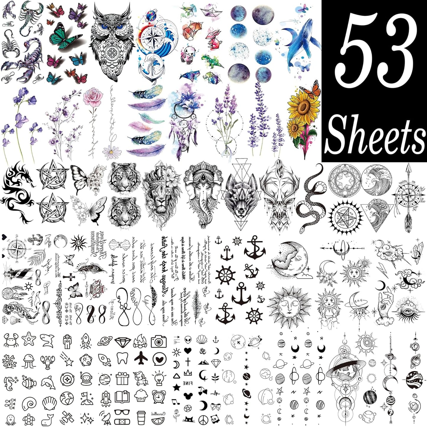 53 Sheets 3D Large Tiger Dragon Temporary Tattoos For Women Thigh Men Arm Adult, Half Sleeve Halloween Gangster Lion Owl Fake Tattoo Sticker, Warrior Wolf Flower Bulk Tiny Small Tatoos Finger