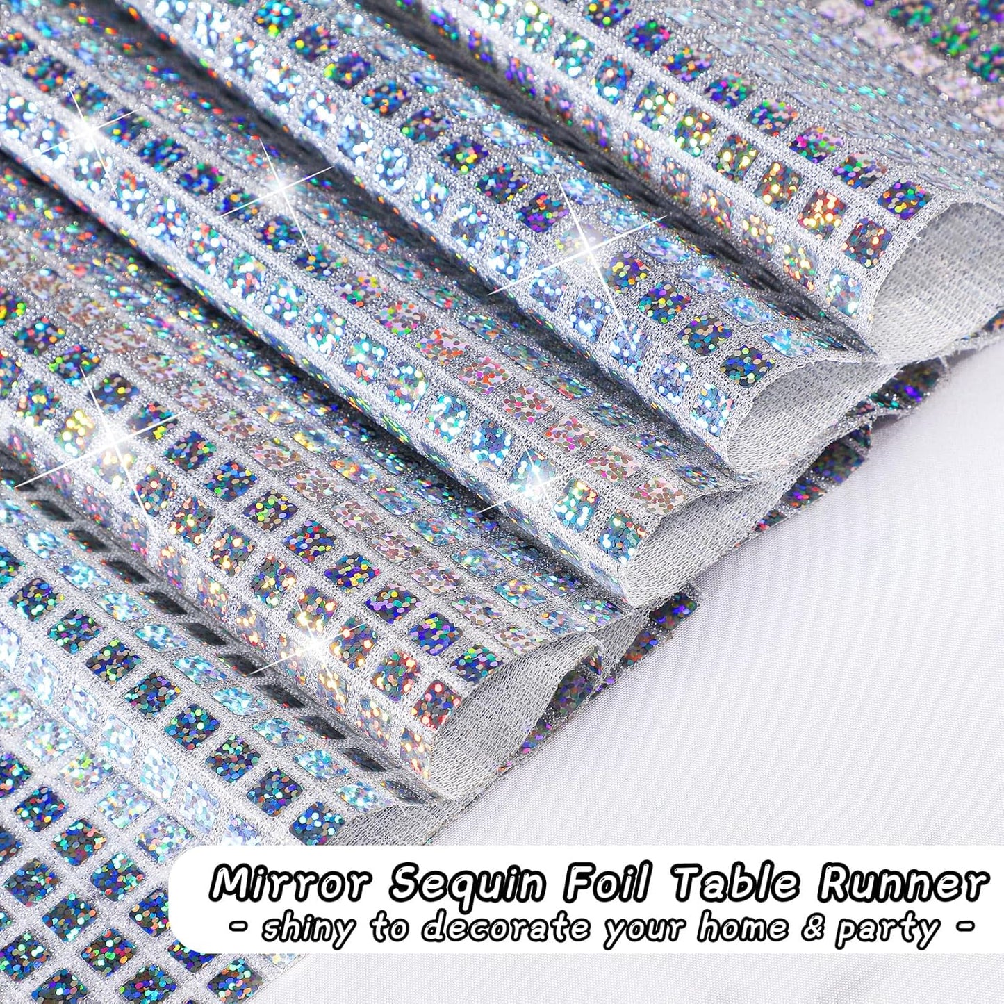 Durony 2 Pack Disco Table Runner 11 x 108 Inch Mirror Silver Laser Glitter Foil Cover With Sparkle Sequin for Bachelorette, 70s, Cowgirl Party Decorations