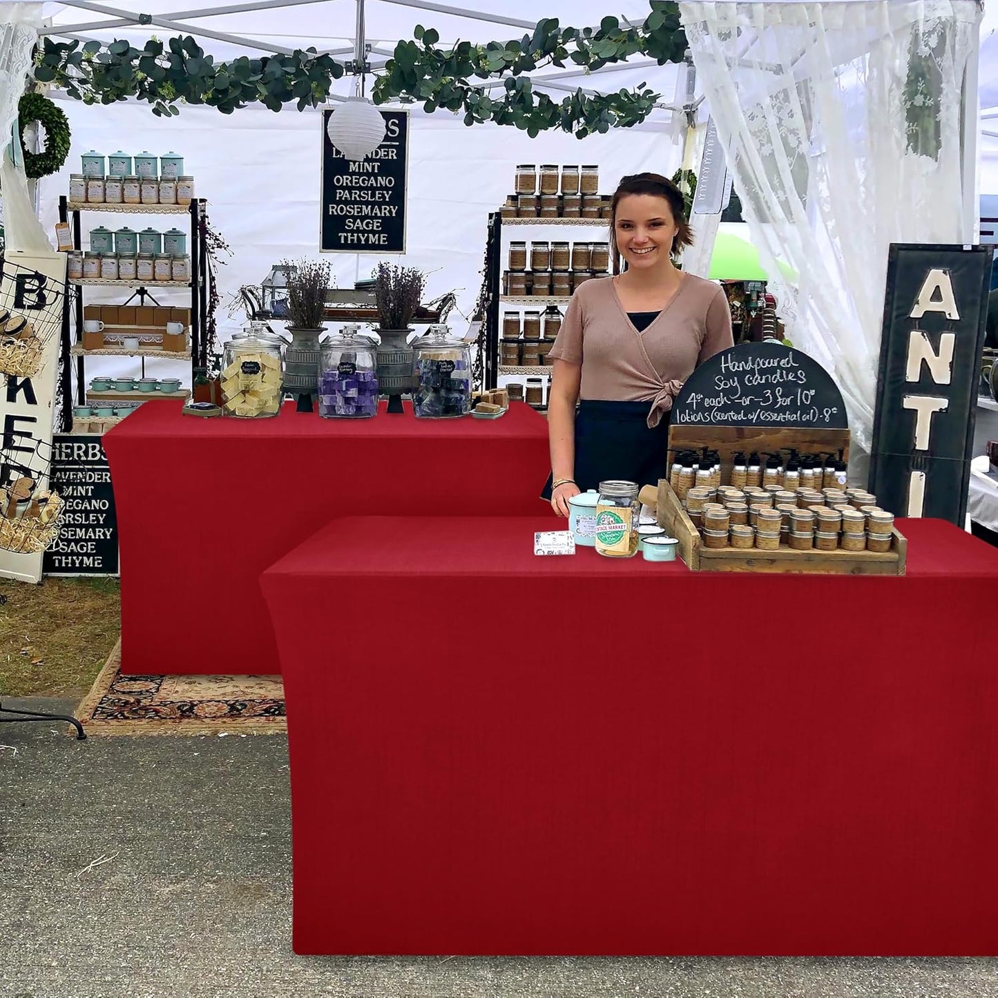 Nasitos Fitted Red Tablecloths for 8 Foot Tables - 96 x 30 Inch - 2 Pack Stretch Spandex Rectangle Table Clothes, Fabric Table Covers for Parties, Trade Show, Craft Show, Birthday