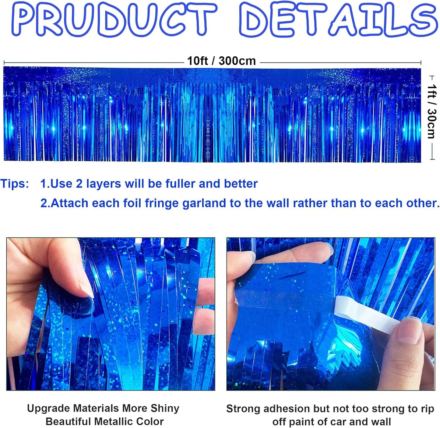 4 Pack 10 Feet Glitter Royal Blue Parade Float Decorations for Trailer Car, Glitter Foil Fringe Metallic Tinsel Streamers Banner Garland for Graduation Weeding Homecoming Birthday Party(Glitter-Blue)