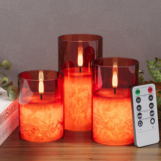 Ice Crystal Real Wax Glass Flameless Candles with Remote & Timer, Battery Operated Candles with Warm Flickering Flame, Realistic LED Candle for Wedding Home Decor [D3×H4/5"/6"] Red, 3Pack