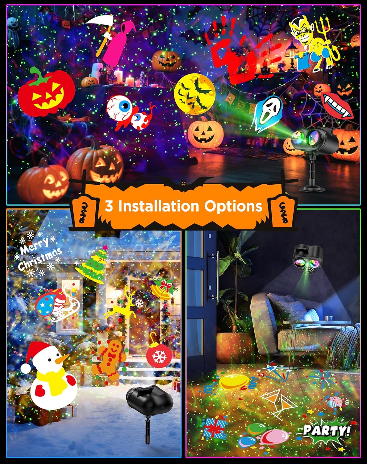 Halloween Christmas Projector Lights Outdoor, 8 Brighter HD Holiday Patterns with Firefly & Ocean Wave Effects, 10 Slides, Waterproof Snowflake Projector with Timer for House Garden Yard Xmas New Year