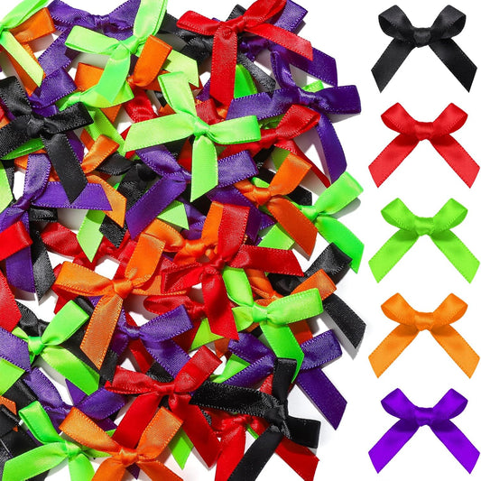 YGDZ Mini Bows, 50 PCS Small Satin Bows for Crafts, Halloween Decor, 5 Colors (Black, Orange, Purple, Red, Green), Tiny Bows for Gift Wrapping