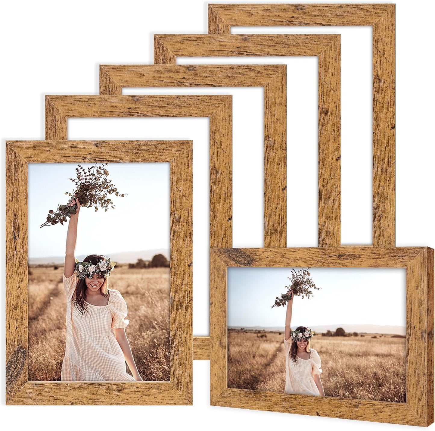 TWING 5x7 Picture Frames Set of 6, Rustic Photo Frames Collage for Wall Decor Mounting or Table Display,Home Decorative Wall Gallery Picture Photo Frame Wood Brown,Walnut