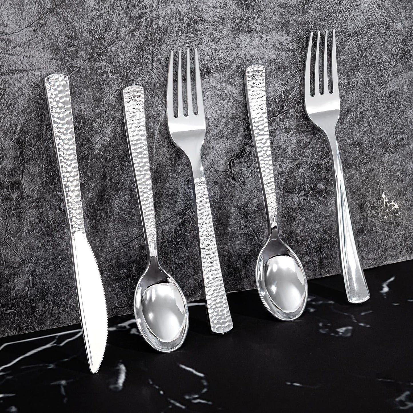 300Pieces Silver Plastic Silverware - Hammered Disposable Utensils - Heavy Duty Plastic Cutlery Set Includes 100 Forks, 100 Spoons, 100 Knives for Dinner Parties Weddings