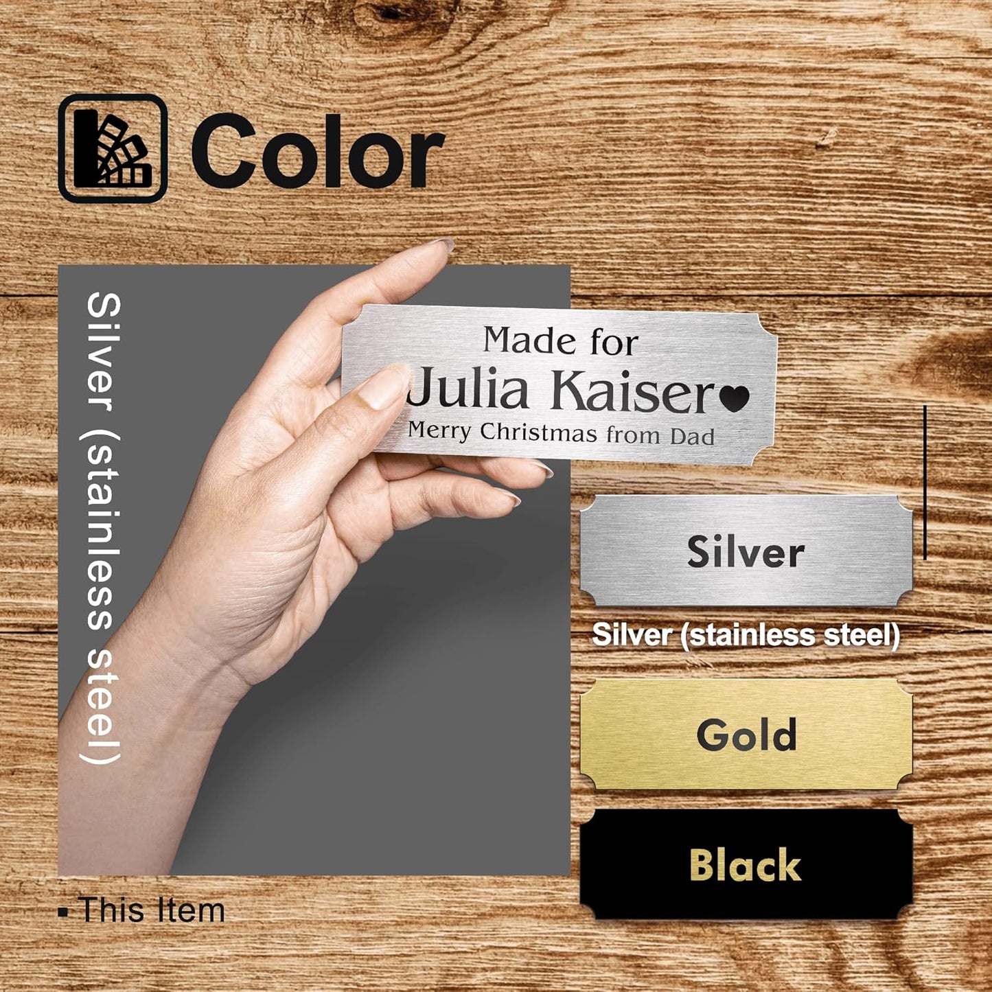 Personalized Name Plates, Silver Engraved Plaque, Stainless Steel Trophy Plates Engraved, Custom Name Plate with Adhesive Backing or Screws, 6" W x 2" H