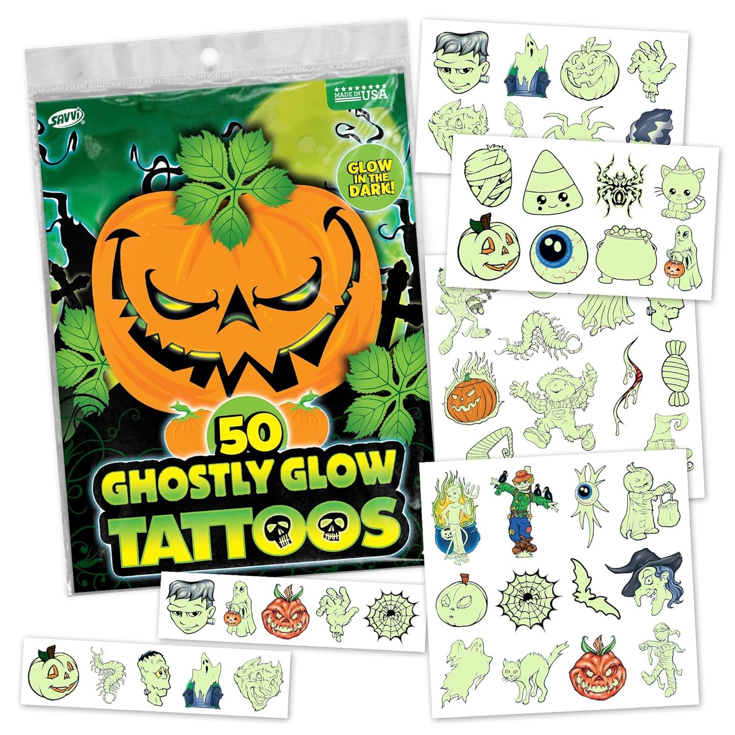 Glow in the Dark Ghost Temporary Tattoos – 50 Pack Halloween Tattoos for Kids, Spooky Party Favors, Non-Toxic & Easy to Apply, Fun Trick-or-Treat Handouts