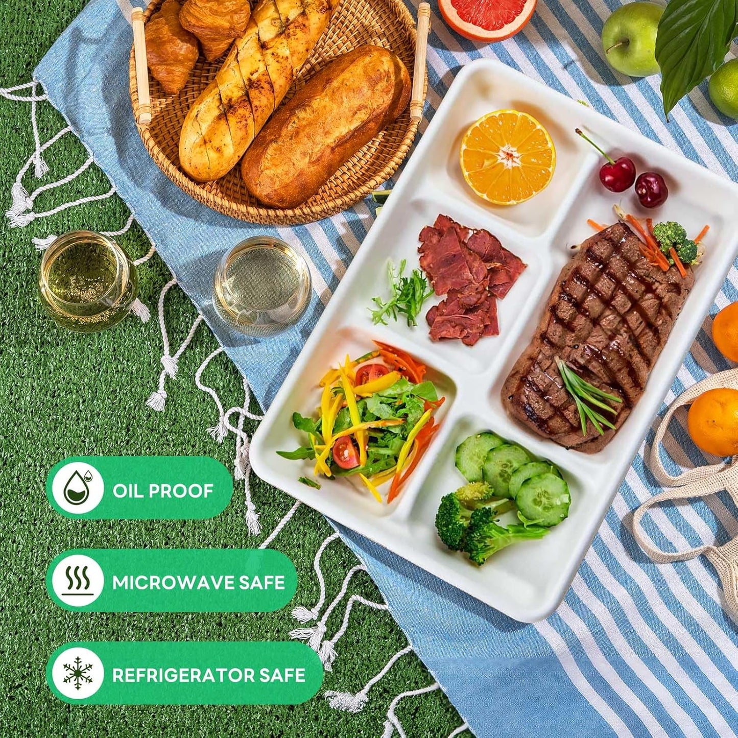 Gezond 100% Compostable 5 Compartment Plates 12.5 * 8.6 Inch, 100 Pack Disposable School Lunch Trays, Eco-Friendly Sugarcane Plates for Party Buffet Lunch Dinner