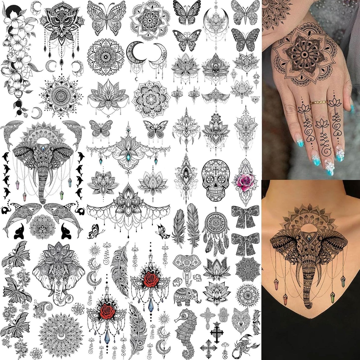28 Sheets Tribal Black Temporary Tattoos For Women Girls, Waterproof Fake Tattoos Temporary Elephant Ganesha Lace Tattoo Kits, Lotus Mandala Flower Tatoo Sticker Moon Neck Chest Arm Butterfly