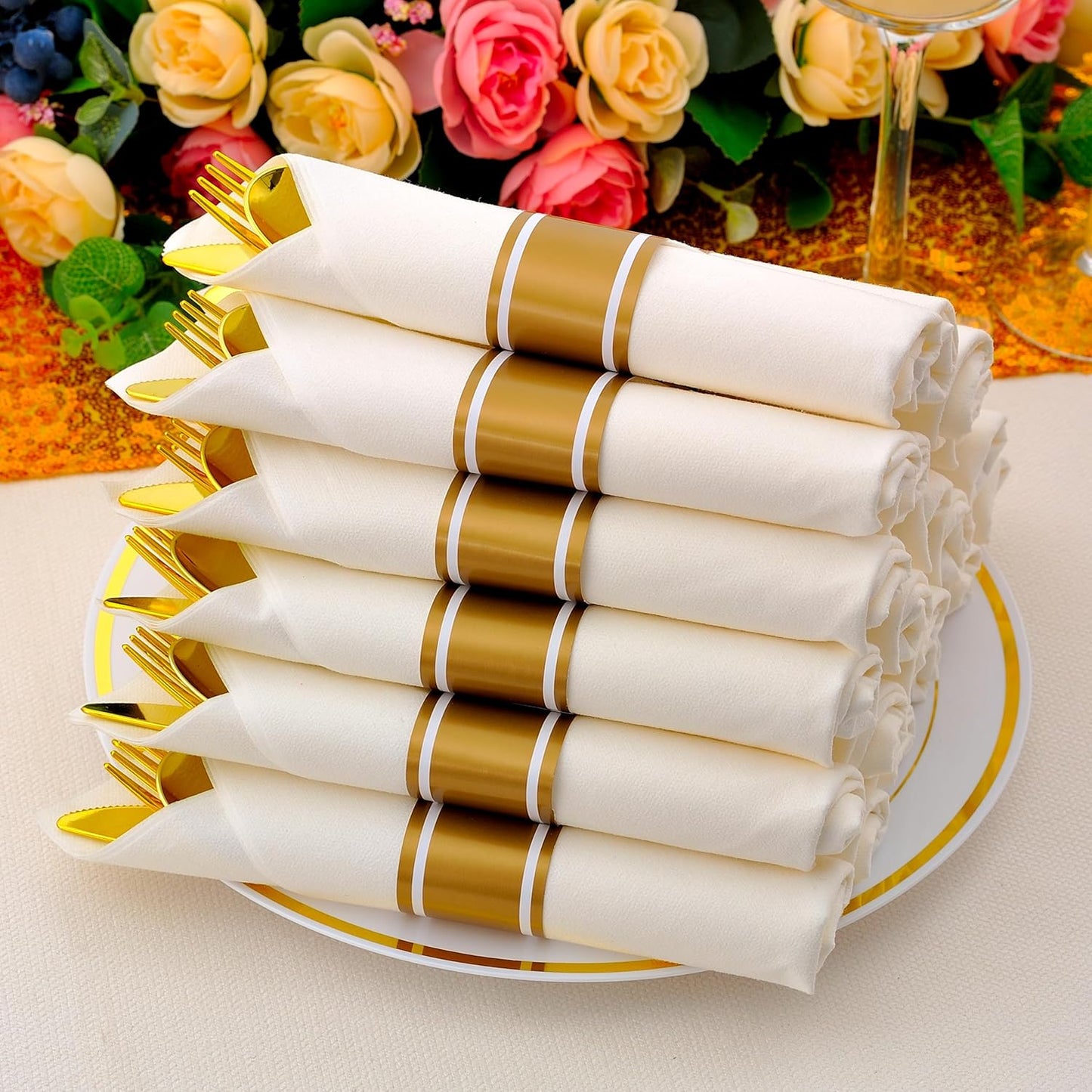 100 Pack Pre Rolled Gold Plastic Silverware Set with Napkins,Disposable Wrapped Heavy Duty Cutlery Set for Wedding Birthday Party-100 Forks,Knives,Spoons,Utensils Set,Plasticware Bulk