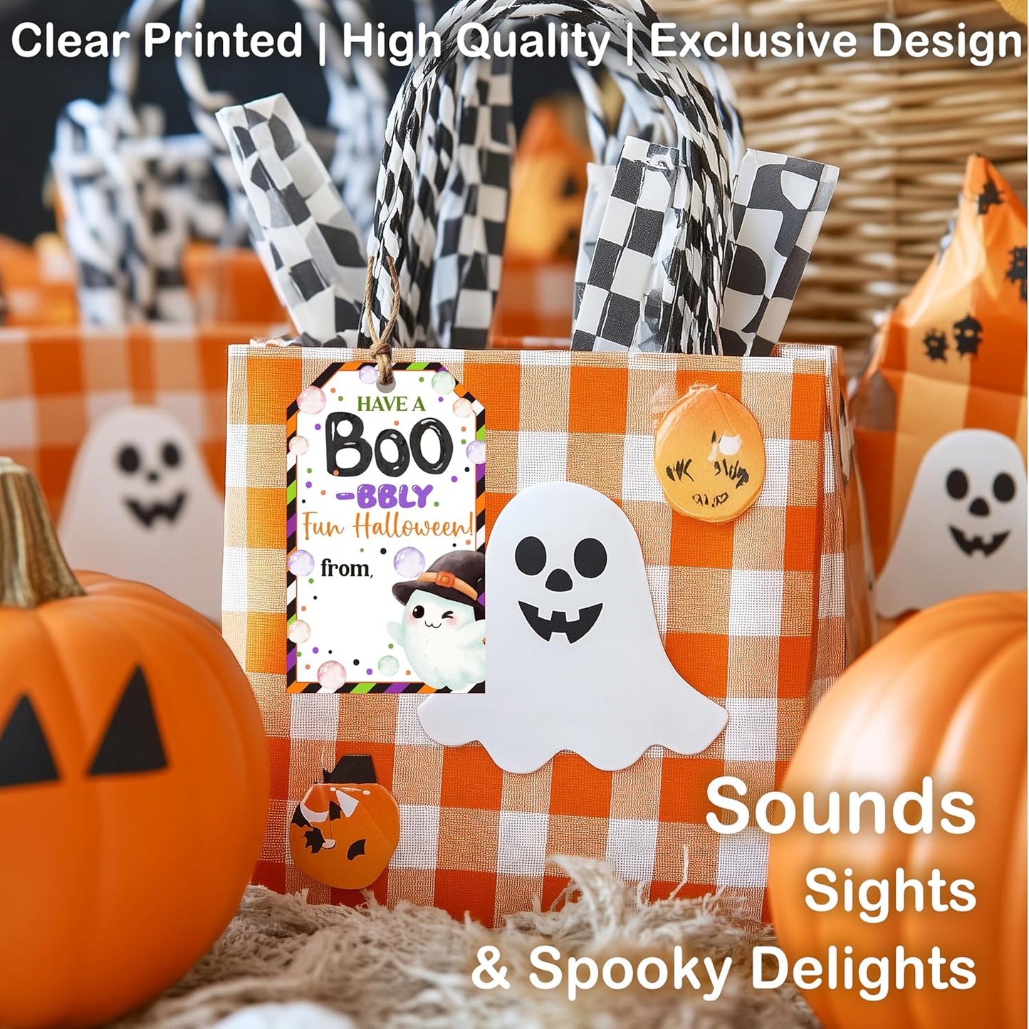 50 Pcs Halloween Tags with String, 2.1"×3.5" Ghost Paper Gifts Tags, Boo Trick or Treat for Candy, Halloween Gifts Tag Wrap for Party Favor - B07