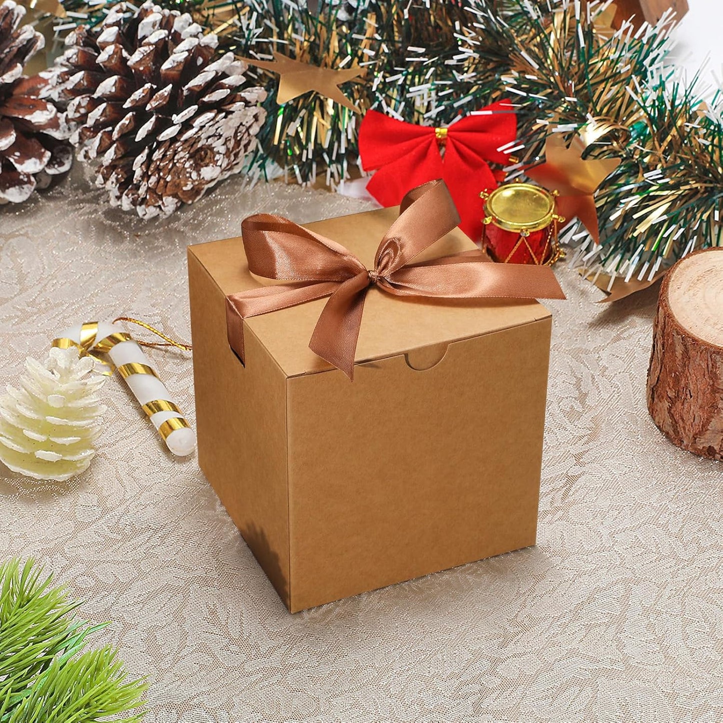 DOYIDE 20 Pack Small Gift Boxes, 6x6x6 Inch Brown Elegant Paper Boxes with Ribbons, Christmas Gift Box Crafting, Wedding Party Favor, Cupcake, Candy, Bridesmaids Proposal Box