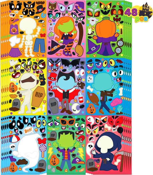 JOYIN 48 Pcs Halloween Make a Face Stickers, Halloween Party Favor for Kids, Art Craft Party Supplies, Classroom Activities Games Goodies, Sticker Sheets with Witch, Vampire Designs