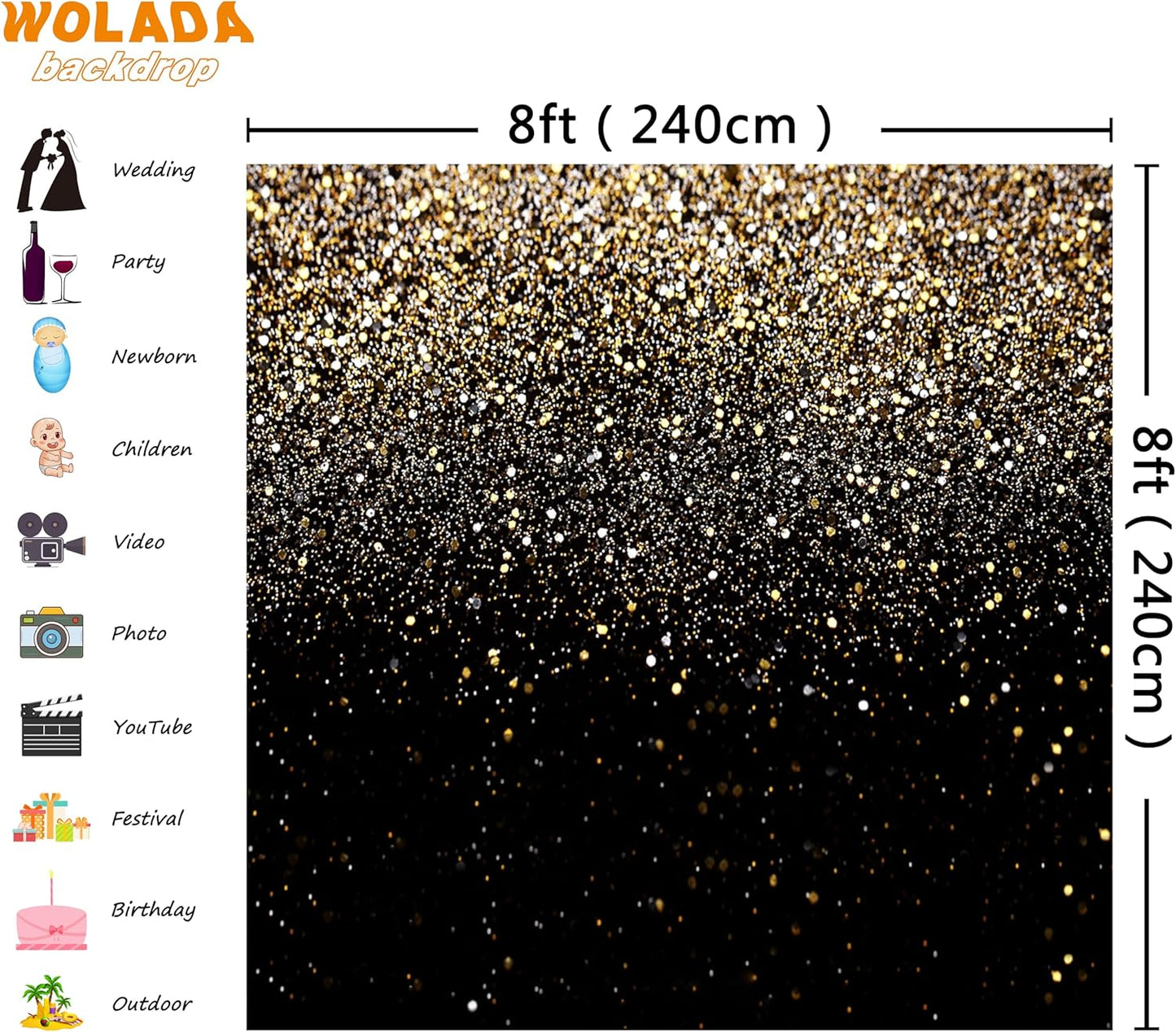WOLADA Black and Gold Backdrop Golden Glitter Backdrop for Photography Wedding Birthday Baby Shower Party Photo Studio 8x8FT 11176