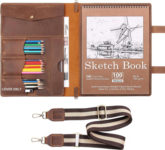 Robrasim Handmade Leather Sketchbook Cover, Artist Sketch Pad Holder for 11"X14" Top Spiral Bound Sketchbook, Drawing Book Pencil Case, Journal Portfolio with Shoulder Strap, Artist Gifts,Brown