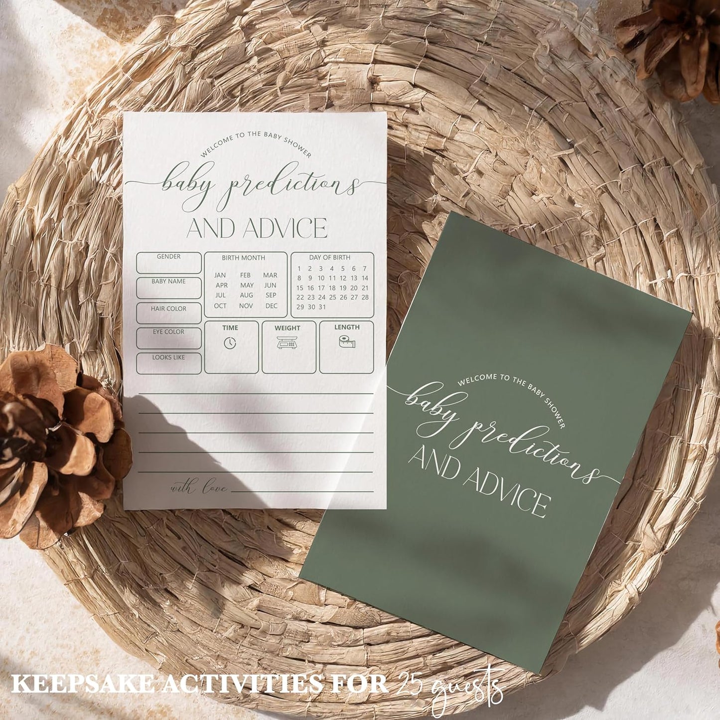 Advice For New Parents Baby Shower, Baby Predictions & Advice Cards For Baby Shower Games Activities, Wishes for Baby, 25 Double-Sided Thick Cards – Minimalist Green A07