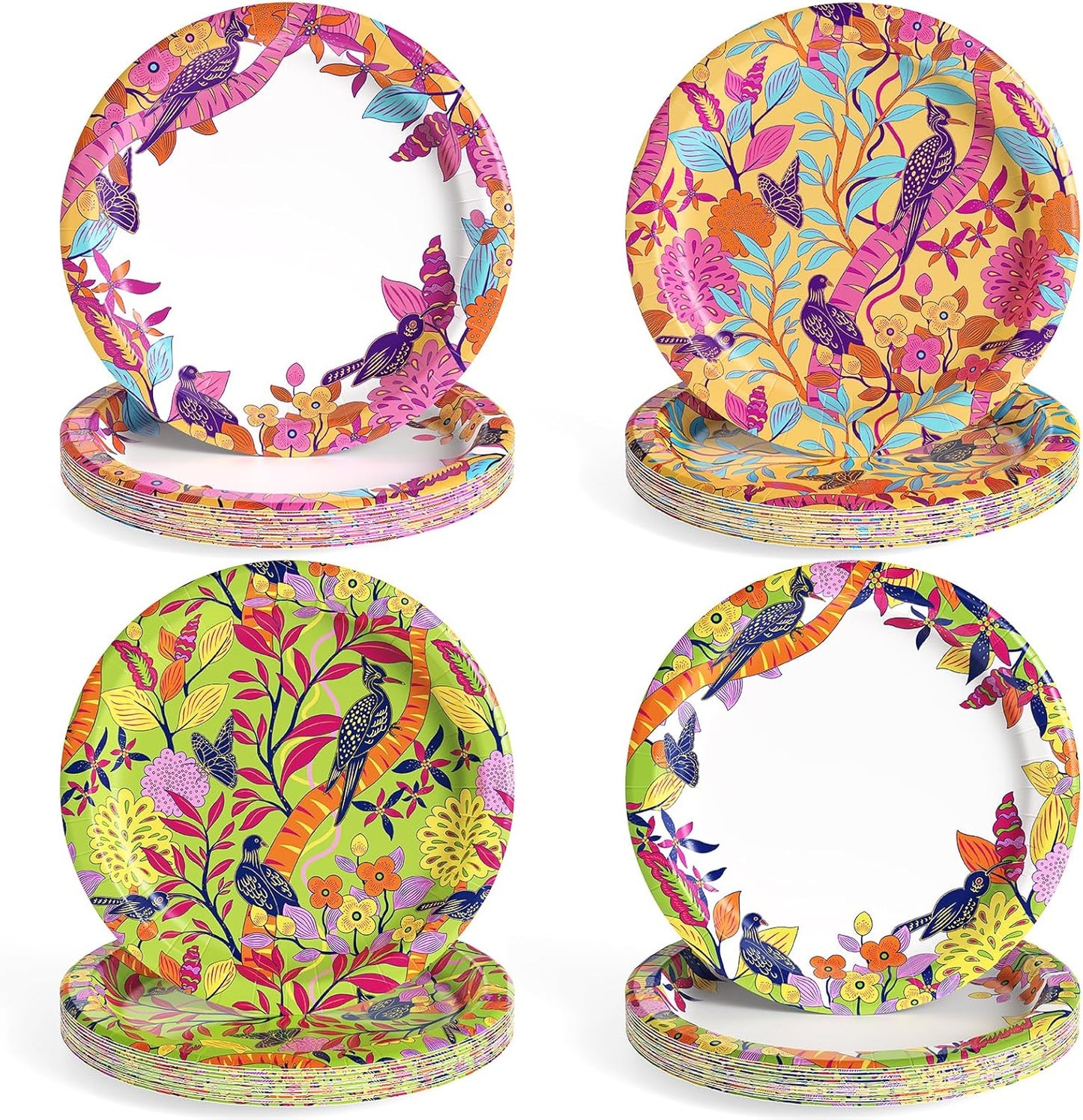 MUCHII 8.5 Inch Floral Bird Paper Plates 160 Count - 4 Vintage Designs, 40 Each - Decorative Disposable Dessert Plates for Parties, Wedding, Shower, Tea Party