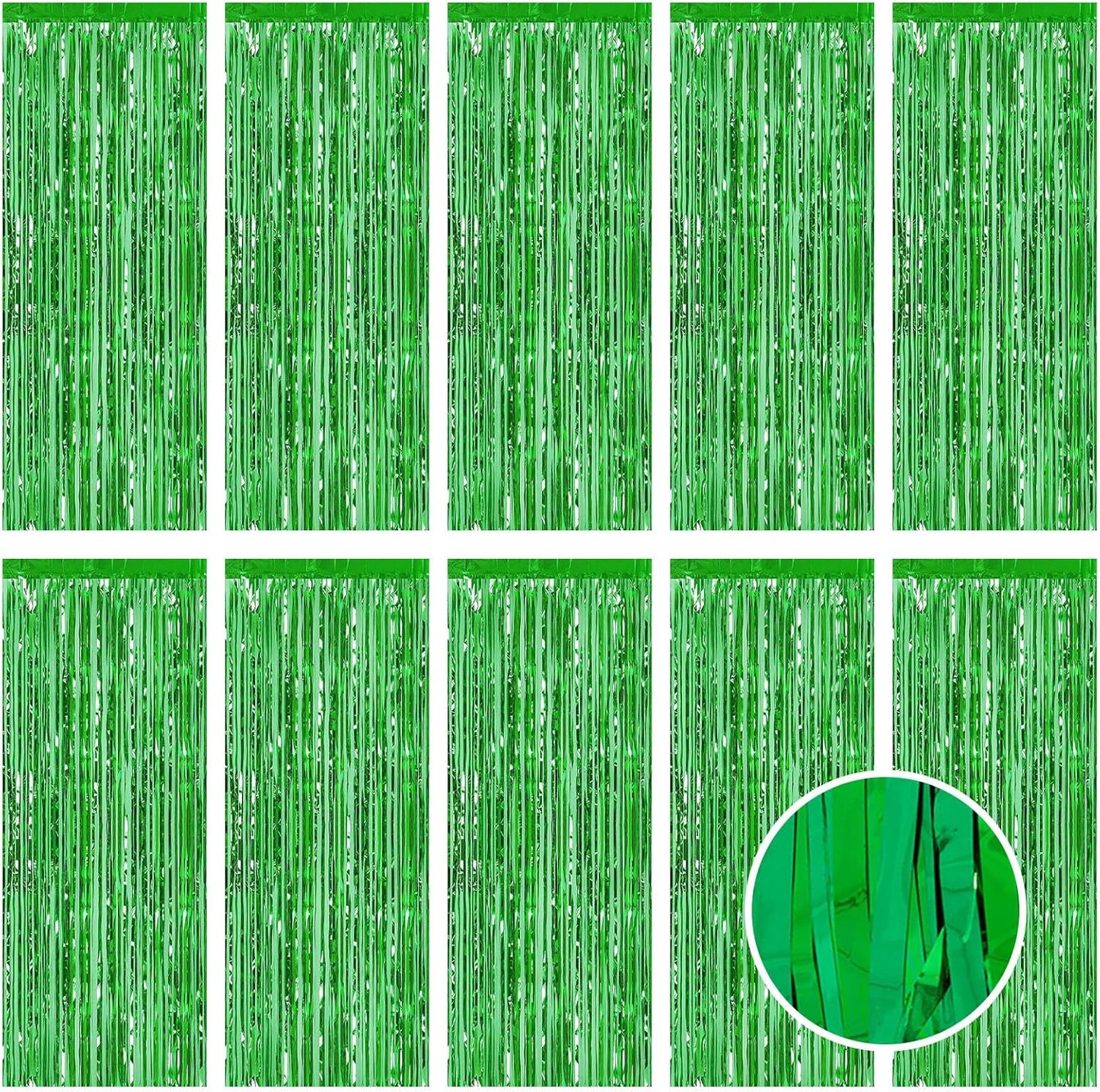 10 Pack Green Foil Curtain Backdrop 3.2ft x 9.8ft Metallic Tinsel Foil Fringe Curtains Streamer Photo Booth Backdrop for Birthday Party Engagement Bachelorette Party Decorations (Green)