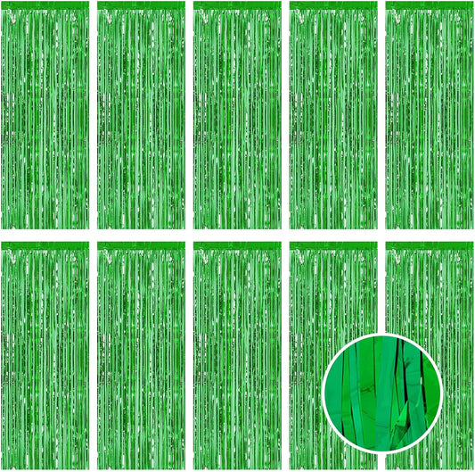 10 Pack Green Foil Curtain Backdrop 3.2ft x 9.8ft Metallic Tinsel Foil Fringe Curtains Streamer Photo Booth Backdrop for Birthday Party Engagement Bachelorette Party Decorations (Green)