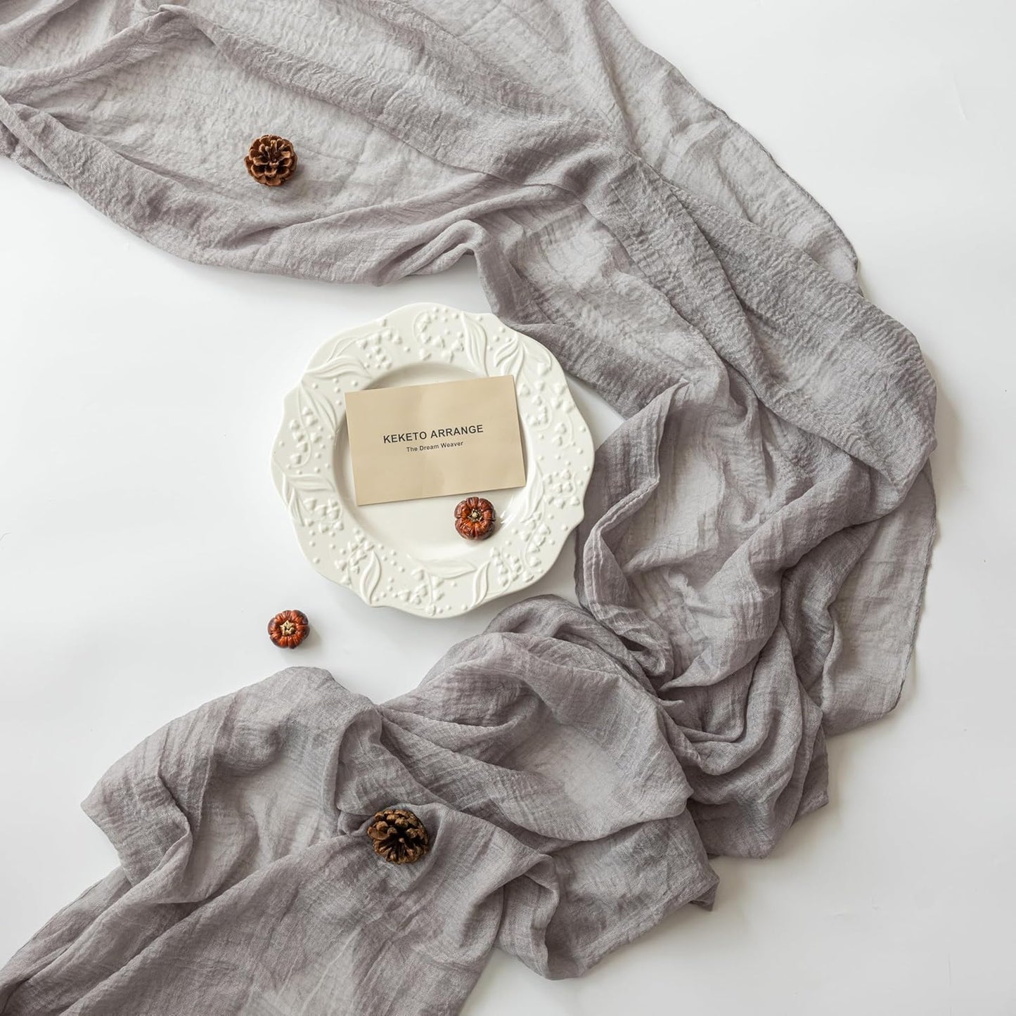 Grey Gauze Rustic Cheesecloth Table Runner 120 Inch 10 FT for Wedding Baby Shower Bridal Shower Birthday Engagement Garden Outdoor Party Long Sheer Boho Decorations