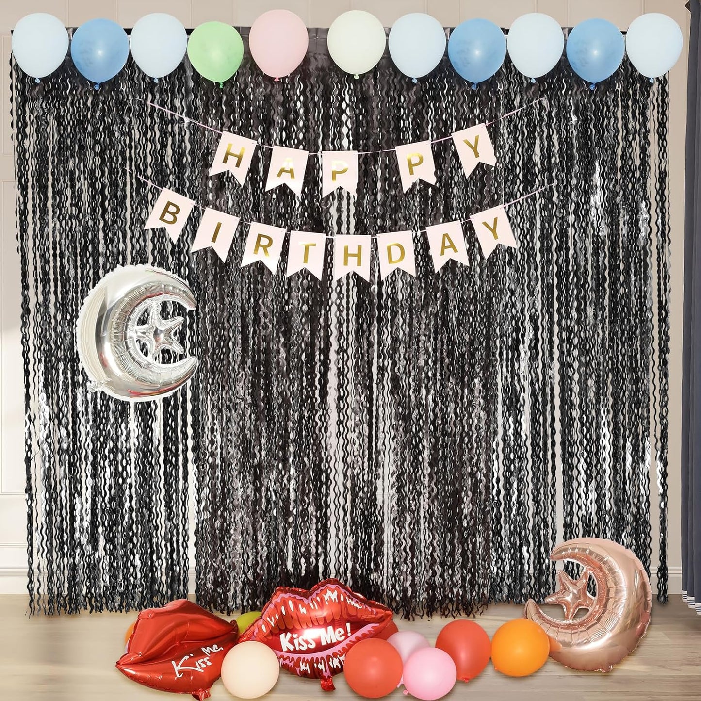 Black Foil Fringe Curtains Party Decorations - 4 Pack 3.3 ft x 6.6 ft Foil Party Curtain Streamer Backdrop for Halloween | Graduation | Fiesta Birthday Decor