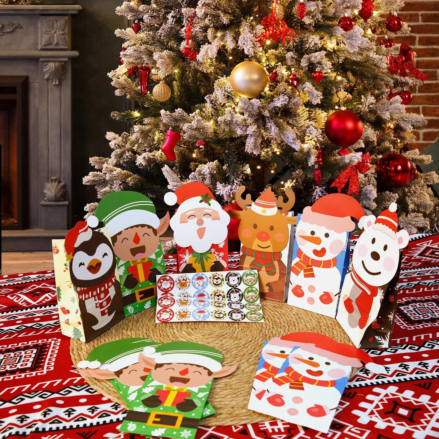 Tikitup 24PCS Christmas Treat Bags,24PcS Christmas Stickers,Xmas Cookies Wrapping Gift for Classrooms Holiday Party Supplies