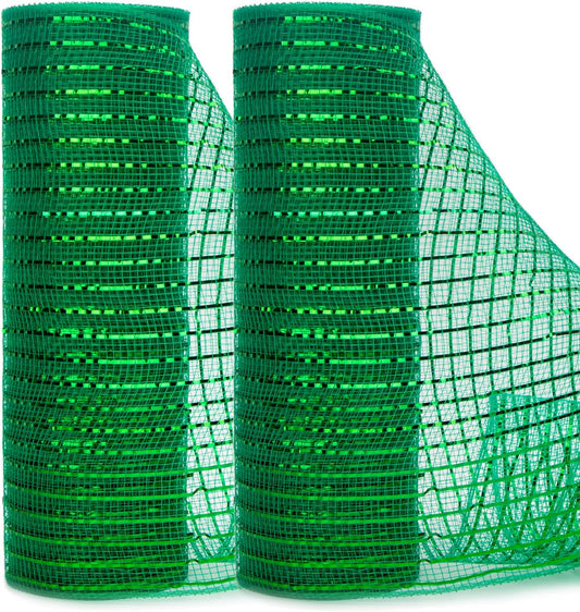 Ribbli 2 Rolls Emerald Green Mesh Ribbon,10 inch x 30 feet(10Yard) Each Roll,Metallic Emerald Green with Wide Green Foil,St.Patricks Day Ribbon for Wreath Swags and Decorating