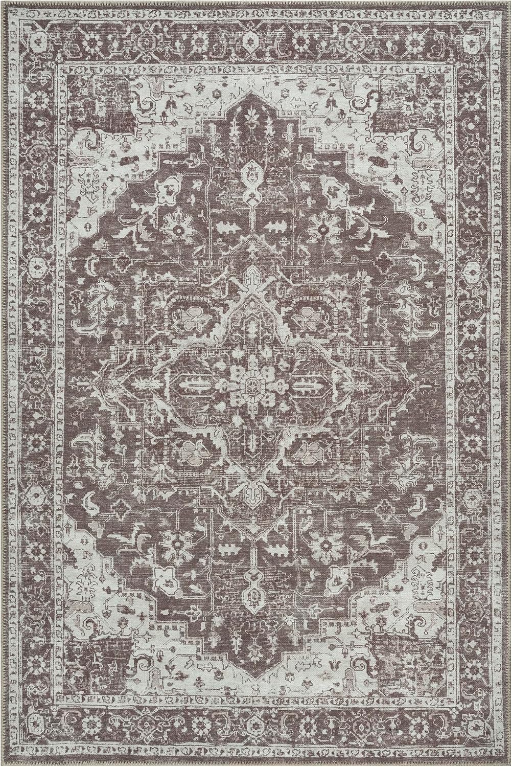 Bloom Rugs Washable Non-Slip 5' x 7' Rug - Dark Brown Traditional Medallion Area Rug for Living Room, Bedroom, Dining Room, and Kitchen - Exact Size: 5' x 7'