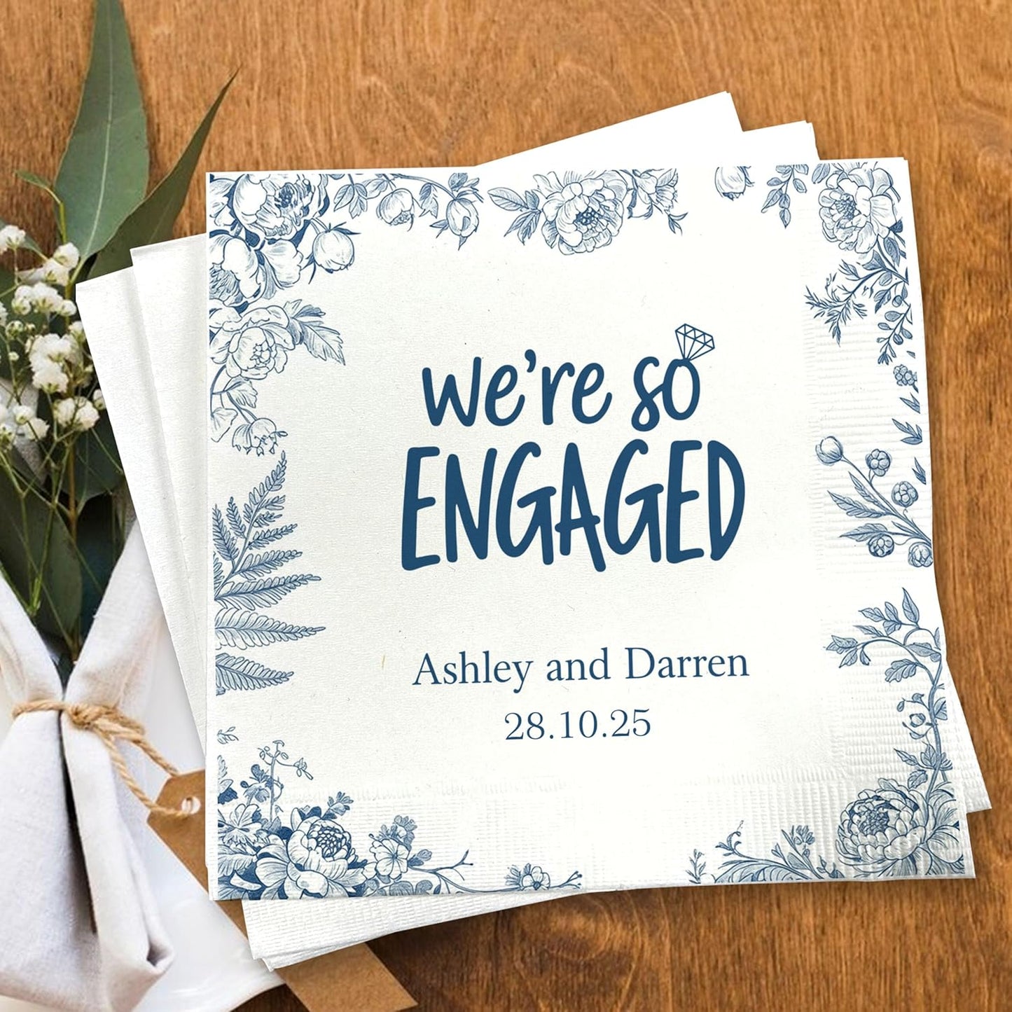 Luxury Personalized Engagement Napkins, We're Engaged, Custom Cocktail Napkins, Beverage Luncheon Cocktail Bar Napkin For Reception, Napkin Decor for Engagement Party, Bridal Shower