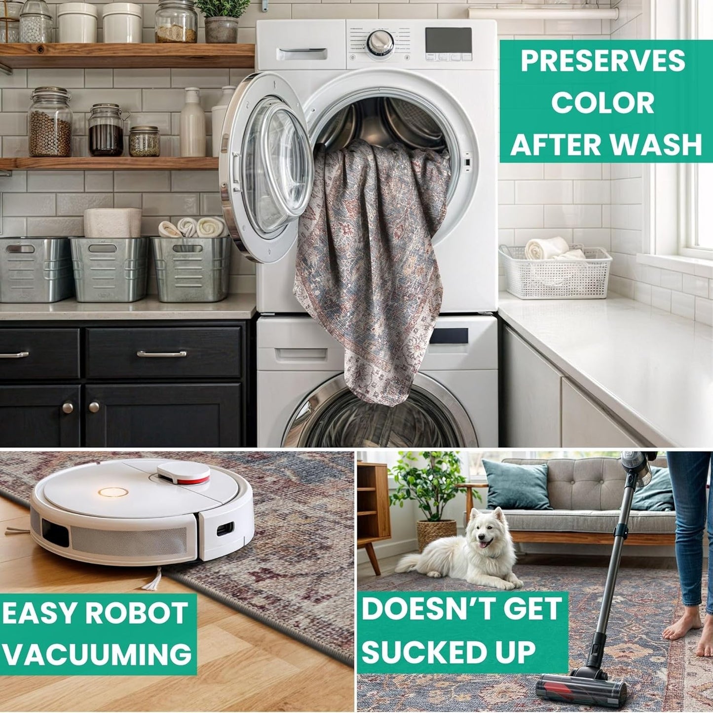 Bloom Rugs Washable Non-Slip 10 ft Runner - Beige/Blue Traditional Bordered Runner for Entryway, Hallway, Bathroom, and Kitchen - Exact Size: 2.5' x 10'