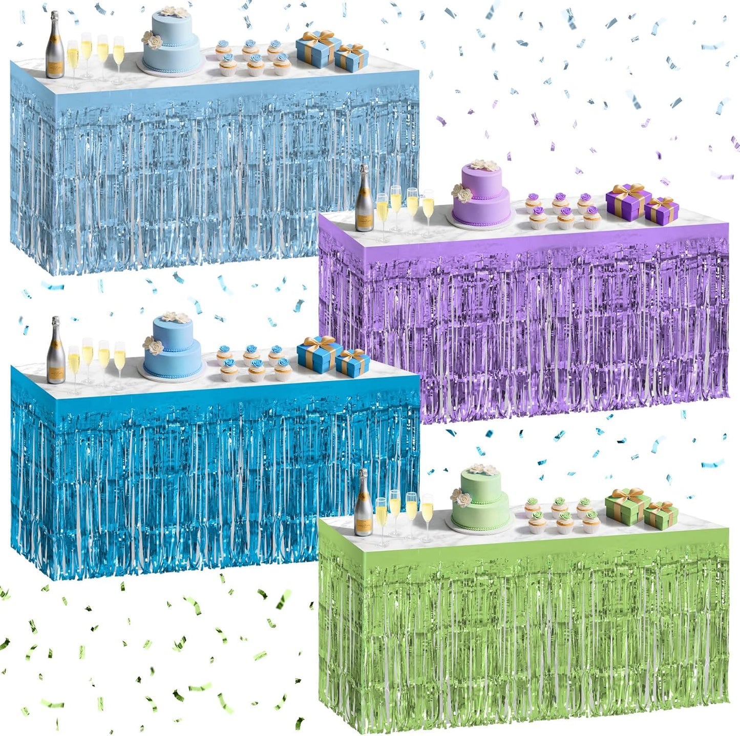 4 Pack Blue Lime Green Purple Series Table Skirts, 29x108" Metallic Foil Tinsel Fringe Table Skirt for Rectangle Tables Streamer Curtains Backdrop, Party Decorations for Birthdays, Weddings, Holidays