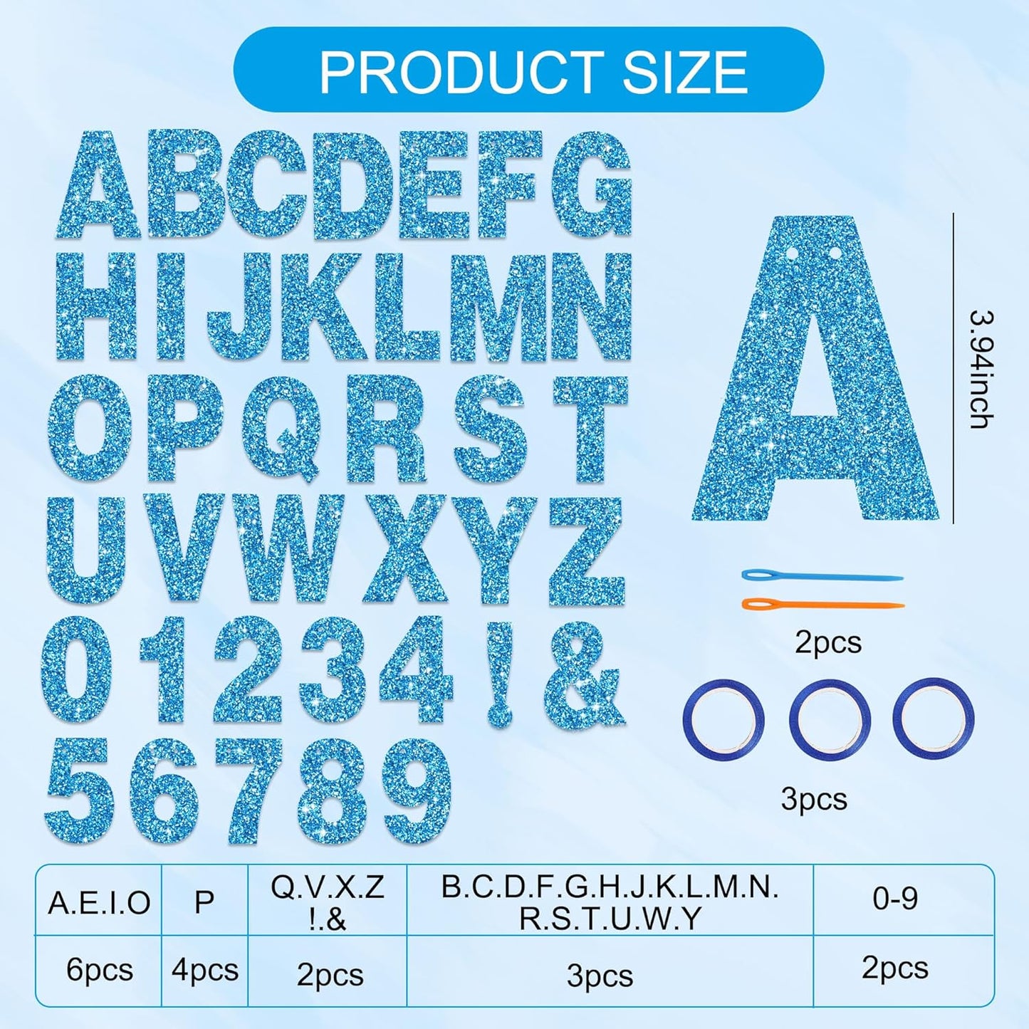 BEISHIDA 116 PCS Glitter Sky Blue DIY Letter Banner Kit Make Your Own Banner，Including 111 Letters and Numbers 3 Rope and 2 Threading Device,Customized for Birthday Graduation Wedding Party Decor