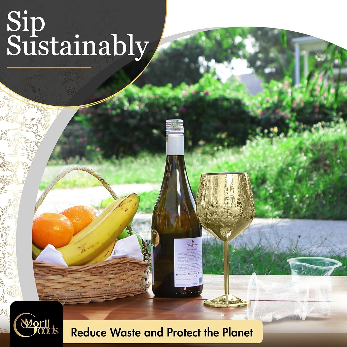 Stainless Steel Wine Glasses - Set of 2 Etched 16 oz Metal Goblets, Unbreakable Gold Cups for Camping, Travel, Outdoor Events, Picnics, Luxury Wine Gifts for Women and Men