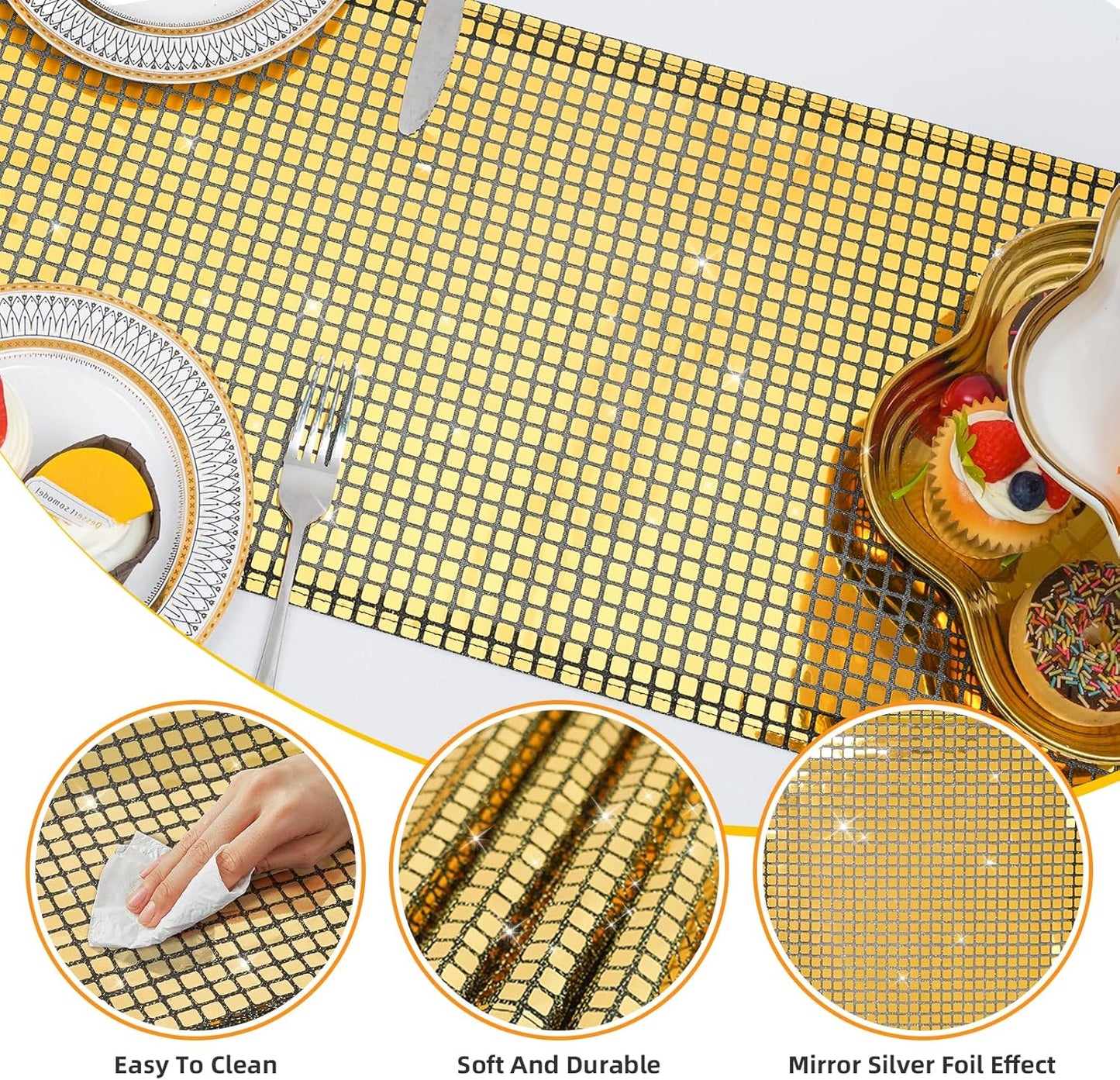 SquarePie Disco Table Runner Mirror Glitter Black and Gold Sequin Runner for 70s 80s Disco Dance Bachelorette Party Supplies Table Decorations (12x108 Inches ,2 Pack)