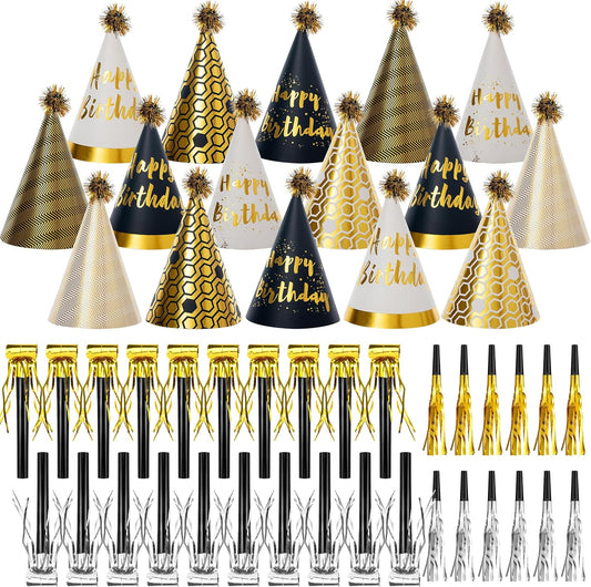 48 Pcs Gold Birthday Party Hats Gold Cone Hats Includes 16 Birthday Paper Hats and 32 Noise Makers
