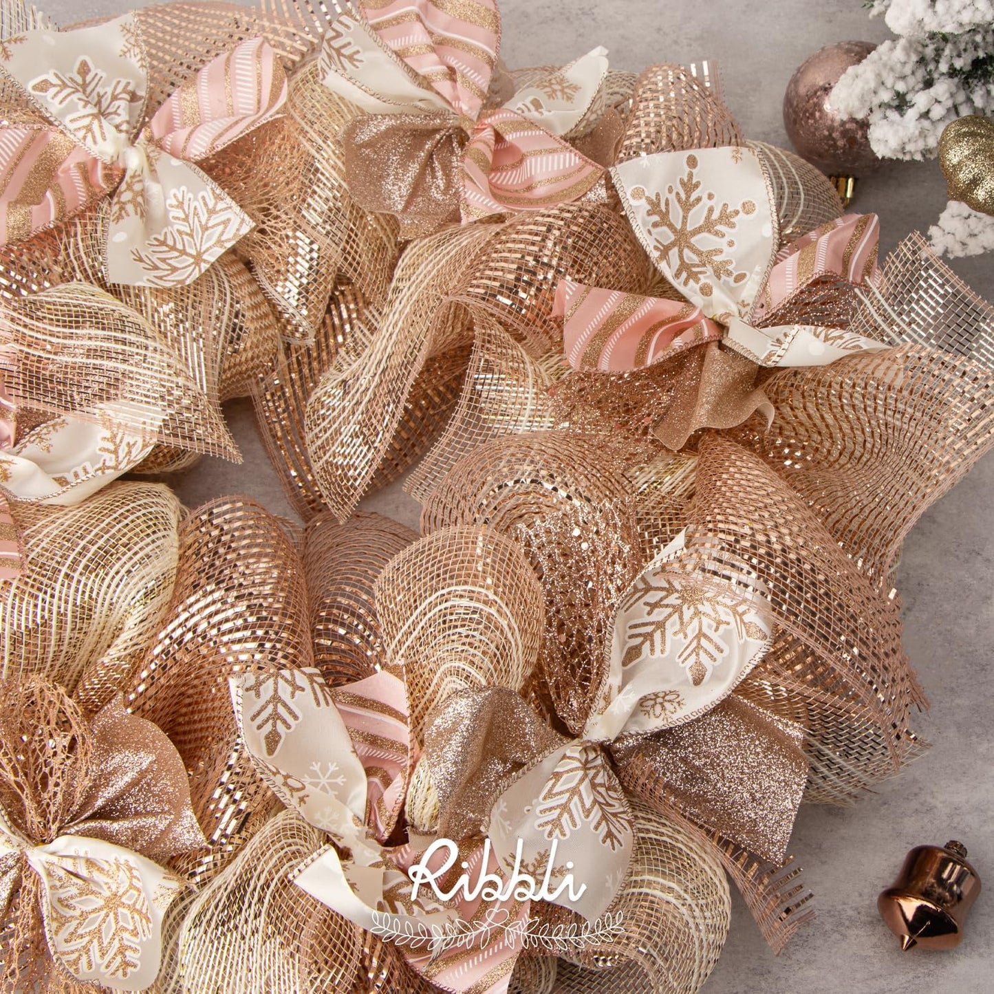 Ribbli 2 Rolls Rose Gold Metallic Mesh Ribbon 10 inch x 30 feet(10Yard), Ivory with Rose Gold Foil and Ivory Thread,Christmas Ribbon for Wreath Swags Wedding Garland and Christmas Tree