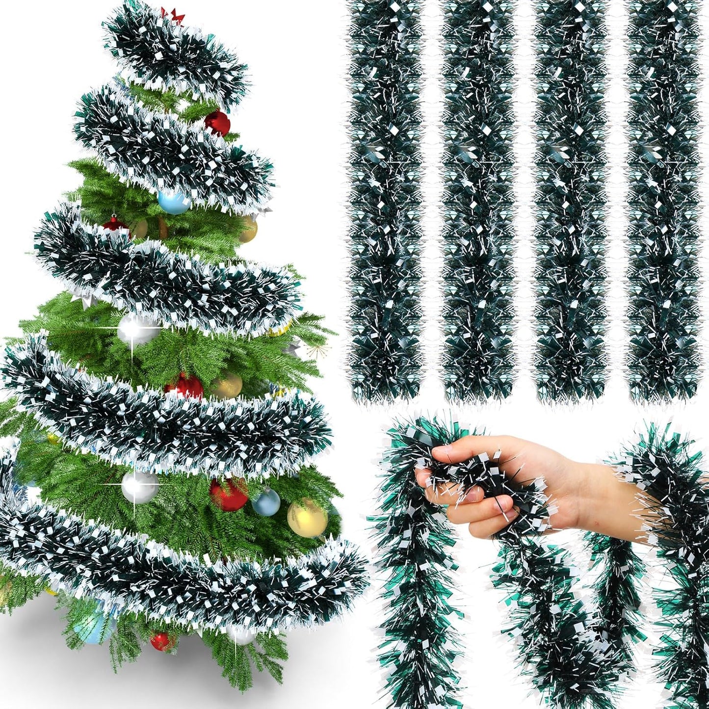 72 Feet Christmas Tinsel Garland Shiny Metallic Tinsel Twist Garland Streamers Ornaments Long Glitter Christmas Tree Hanging Decorations for Party Holiday Wedding Birthday Tree (Dark Green, Black)