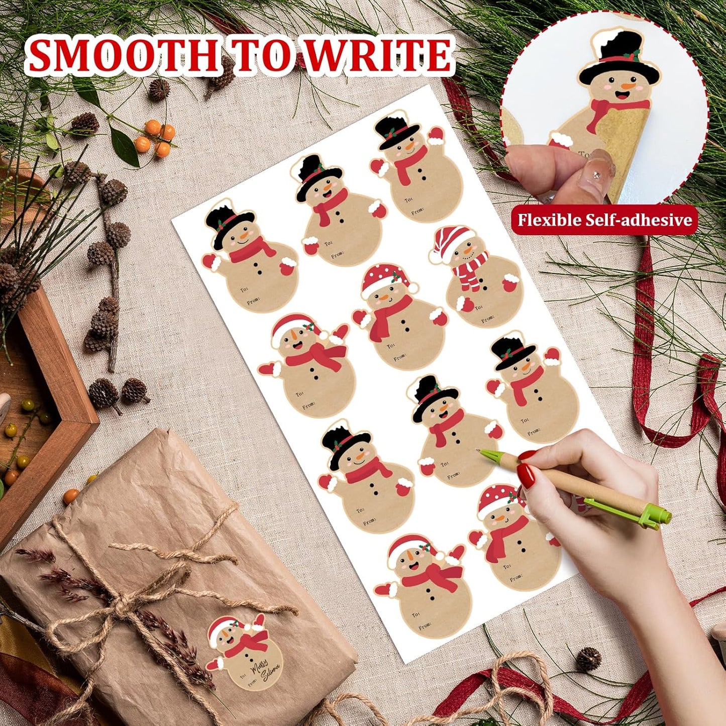 Christmas Gift Tags Stickers, 96Pcs Christmas Gift Labels Stickers, Self-Adhesive Christmas Name Tags for Xmas Gifts Wrap Presents Boxes Decoration, 2 x 3 Inch, Natural Kraft Paper Snowman Stickers