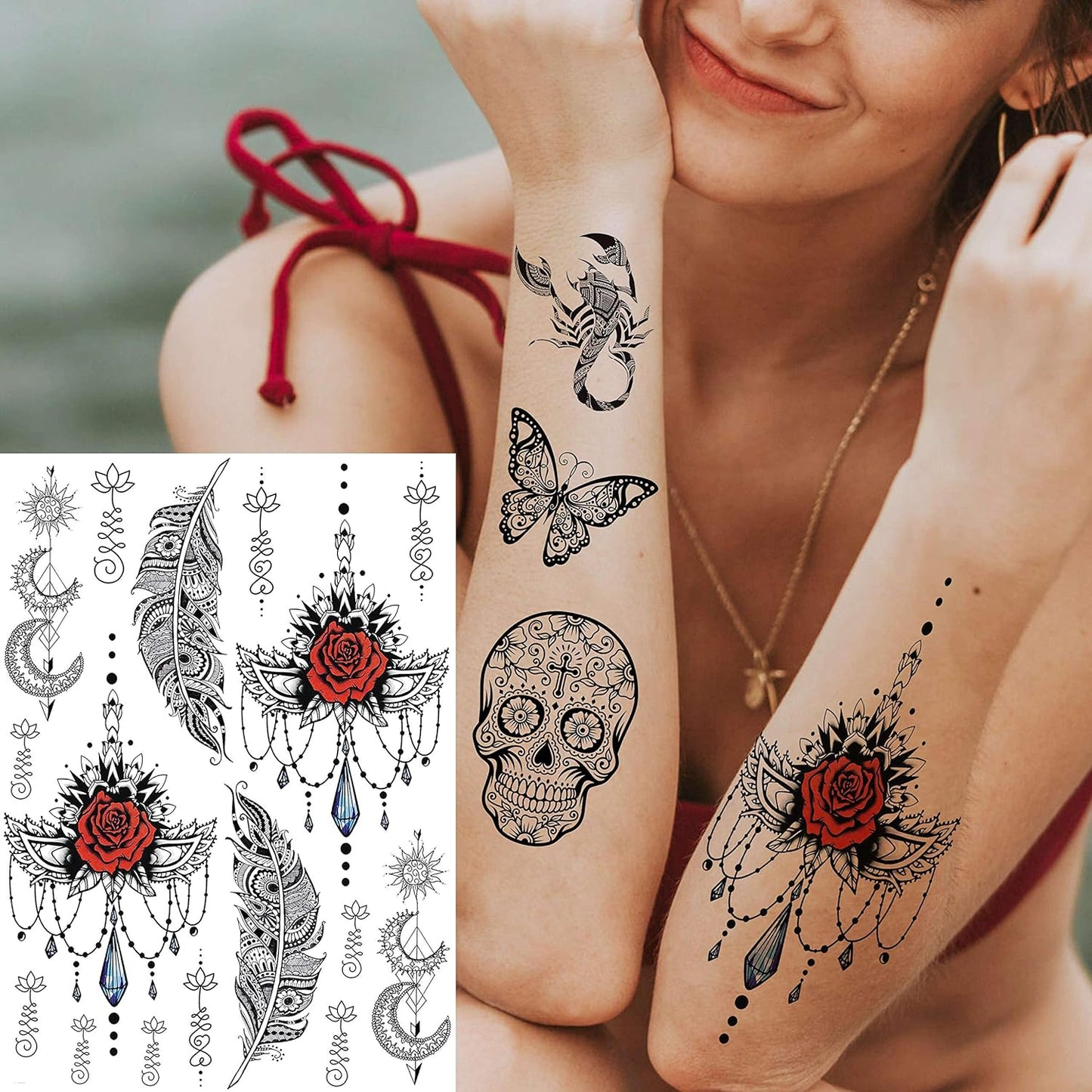 28 Sheets Tribal Black Temporary Tattoos For Women Girls, Waterproof Fake Tattoos Temporary Elephant Ganesha Lace Tattoo Kits, Lotus Mandala Flower Tatoo Sticker Moon Neck Chest Arm Butterfly