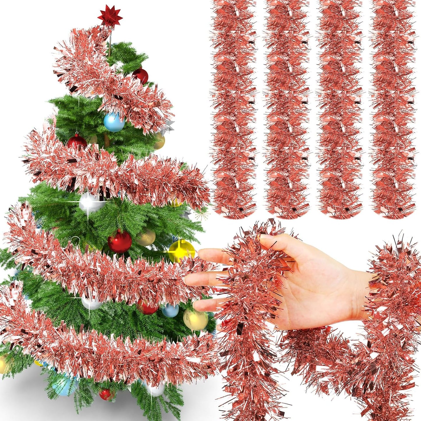 72 Feet Christmas Tinsel Garland Shiny Metallic Tinsel Twist Garland Streamers Ornaments Long Glitter Christmas Tree Hanging Decorations for Party Holiday Wedding Birthday Tree Wall Rail (Rose Gold)