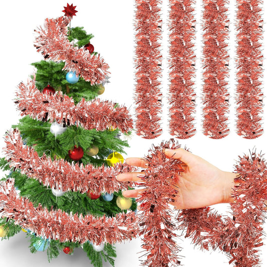 72 Feet Christmas Tinsel Garland Shiny Metallic Tinsel Twist Garland Streamers Ornaments Long Glitter Christmas Tree Hanging Decorations for Party Holiday Wedding Birthday Tree Wall Rail (Rose Gold)