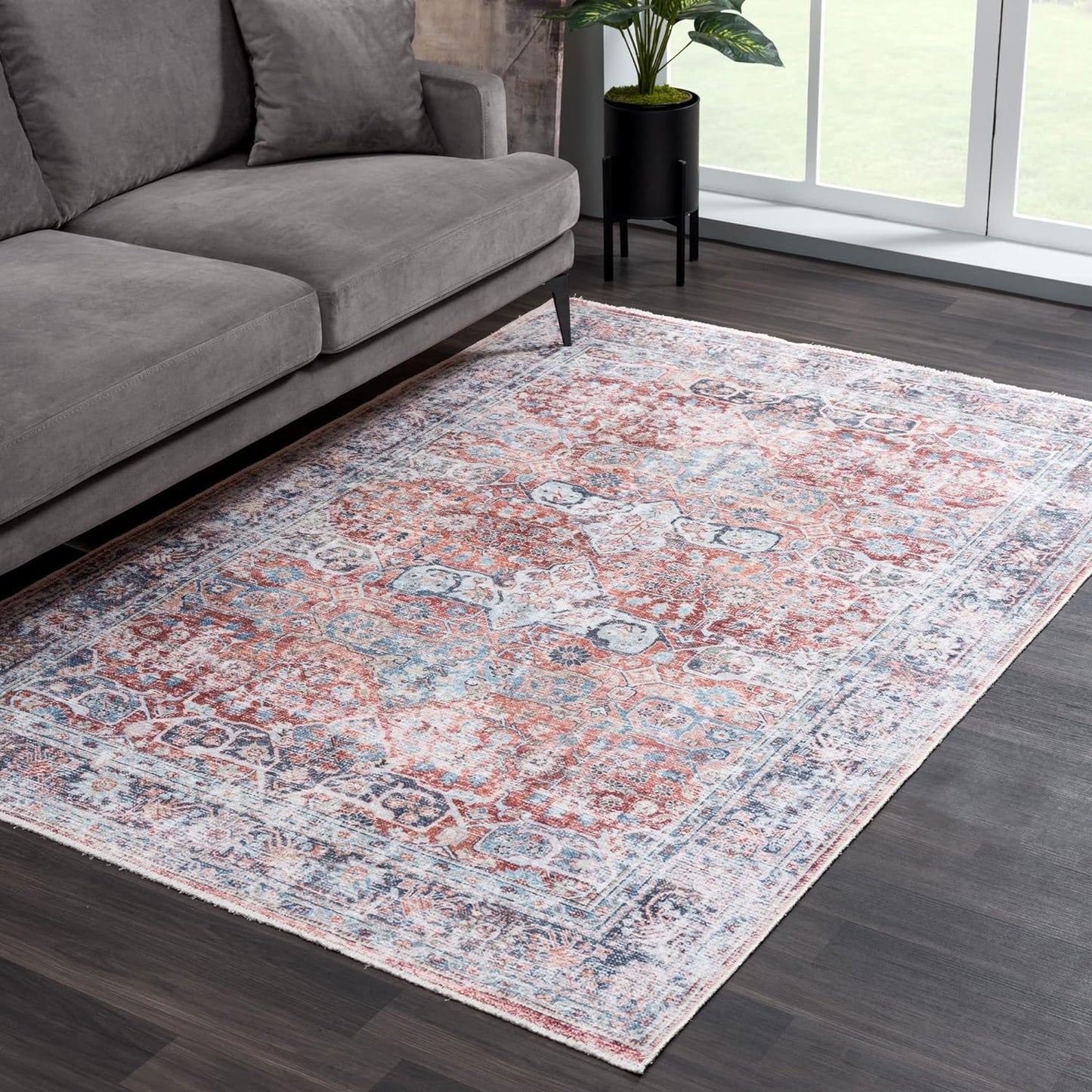 Bloom Rugs Caria Washable Non-Slip 9x12 Rug - Brick/Dark Blue Traditional Area Rug for Living Room, Bedroom, Dining Room, and Kitchen - Exact Size: 9' x 12'