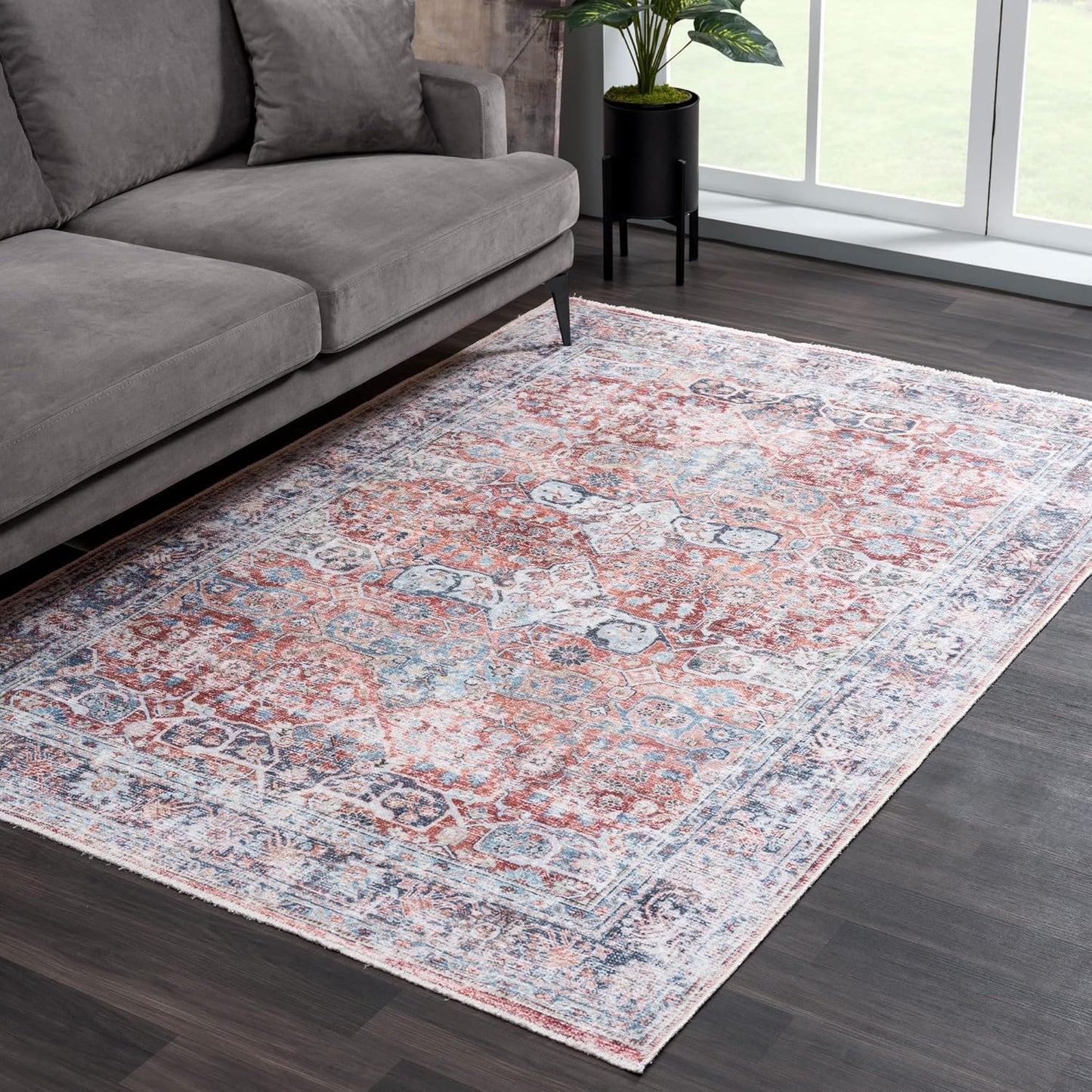 Bloom Rugs Caria Washable Non-Slip 4x6 Rug - Brick/Dark Blue Traditional Area Rug for Living Room, Bedroom, Dining Room, and Kitchen - Exact Size: 4' x 6'