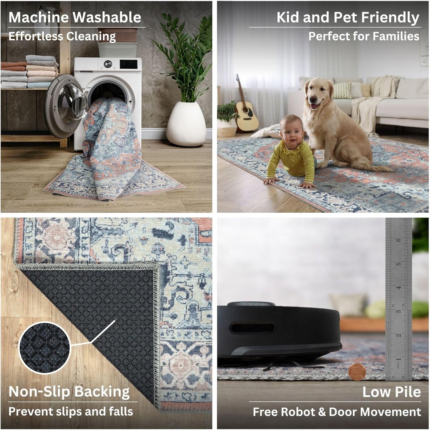 Bloom Rugs Washable Non-Slip 4' x 6' Rug - Coral/Blue Traditional Medallion Area Rug for Living Room, Bedroom, Dining Room, and Kitchen - Exact Size: 4' x 6'