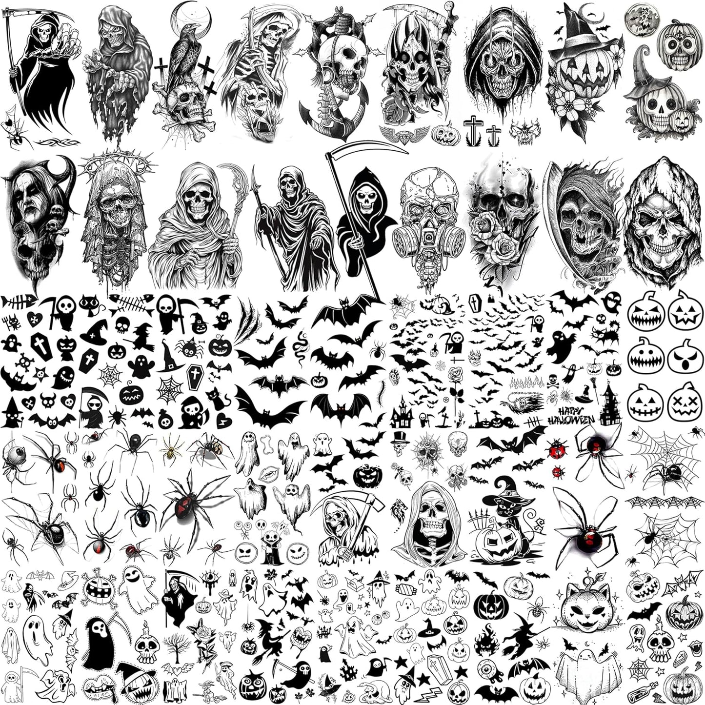 61 Sheets Halloween Temporary Tattoos for Men Women Adults, 12 Sheets Skeleton Death Skull Demon Devil Half Arm Sleeve Fake Tattoo Stickers, 49 Sheets Spider Web Bat Snake Vampire Scar Face Tattoos