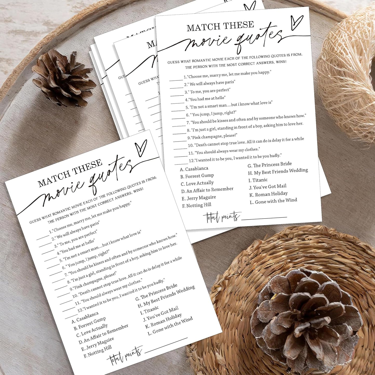 Fun Bridal Shower Games Set 25 Wedding Games Cards with 1 Answer Card Match Movie Quotes for Minimalist White Newlywed Party Entertainment Supplies - A02