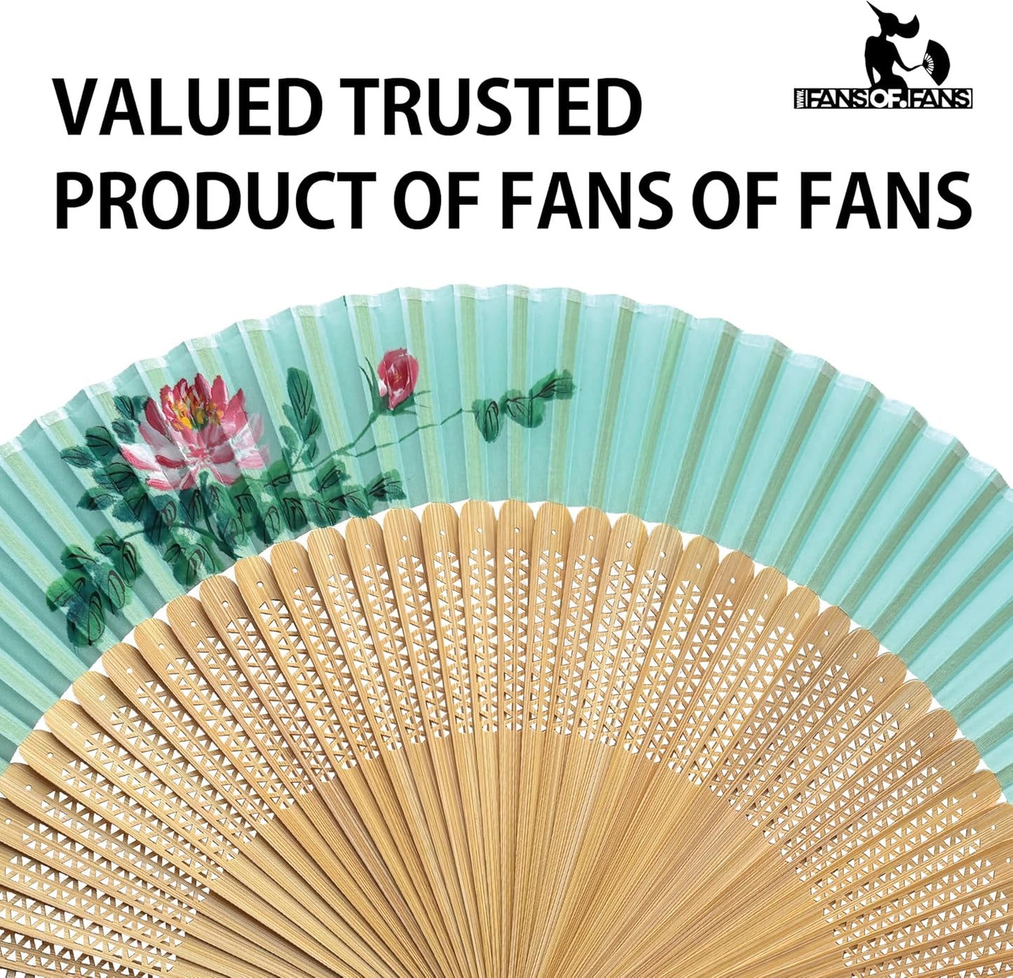 FANSOF.FANS Premium Floral Silk Fabric Border Handheld Folding Fan with Grade A Bamboo Ribs for Women Girls Event Birthday Wedding Favour with Tassel (Single Flower Border - Turqoise)