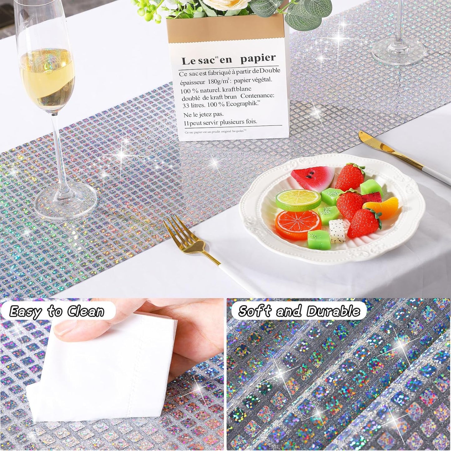 Durony 2 Pack Disco Table Runner 11 x 108 Inch Mirror Silver Laser Glitter Foil Cover With Sparkle Sequin for Bachelorette, 70s, Cowgirl Party Decorations